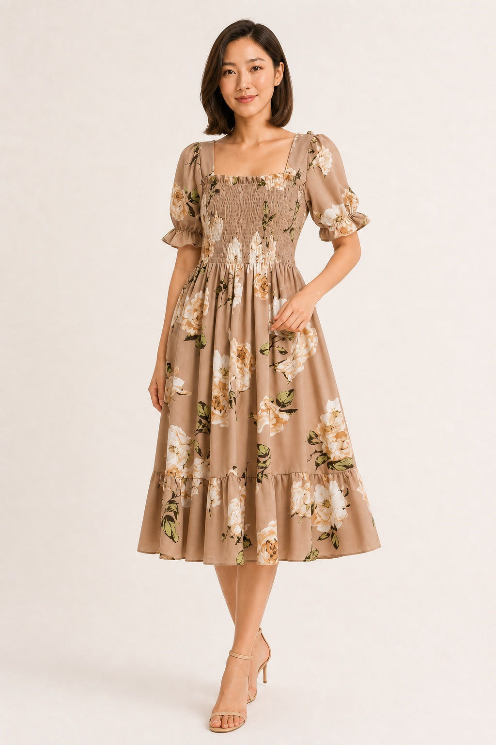 Samantha smocked A-line midi dress in Khaki floral