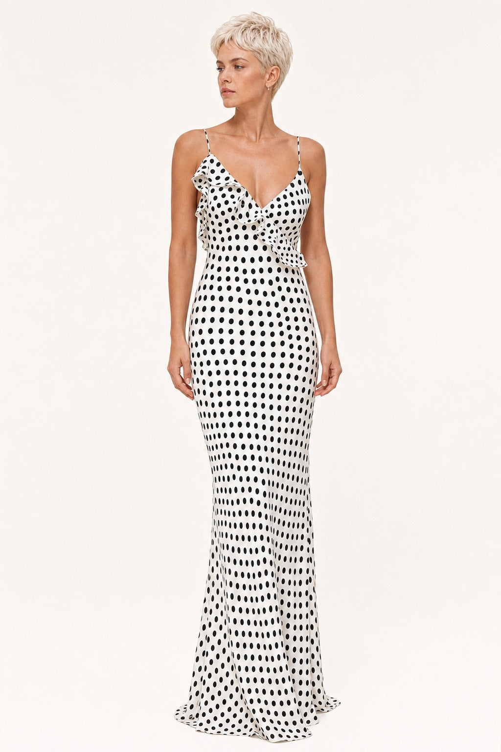 Savannah white polka-dot spaghetti-strap maxi dress - front view
