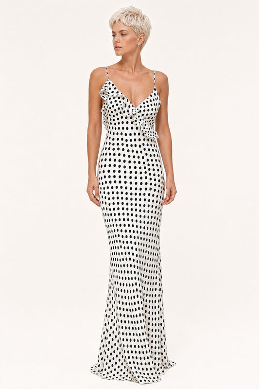 Savannah white polka-dot spaghetti-strap maxi dress - front view