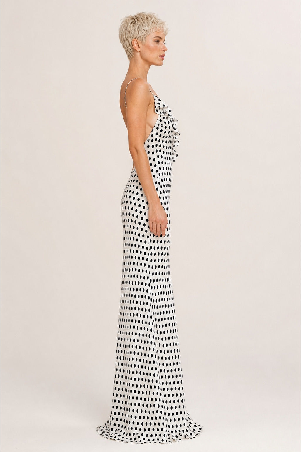 Savannah white polka-dot spaghetti-strap maxi dress - side view