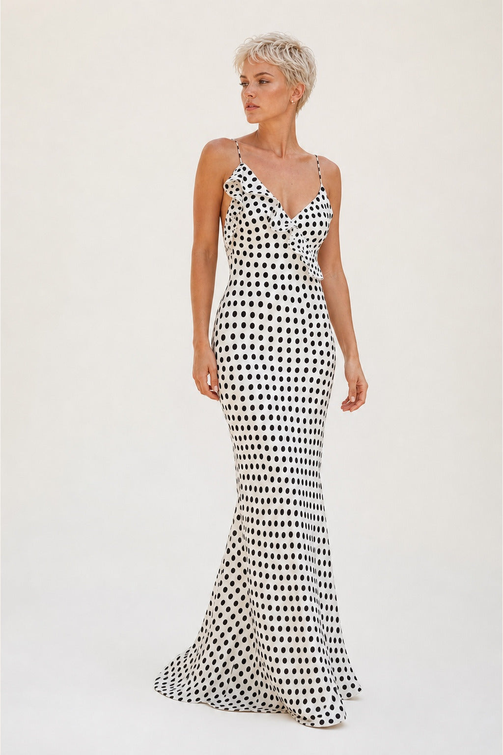 Savannah white polka-dot spaghetti-strap maxi dress - silhouette detail