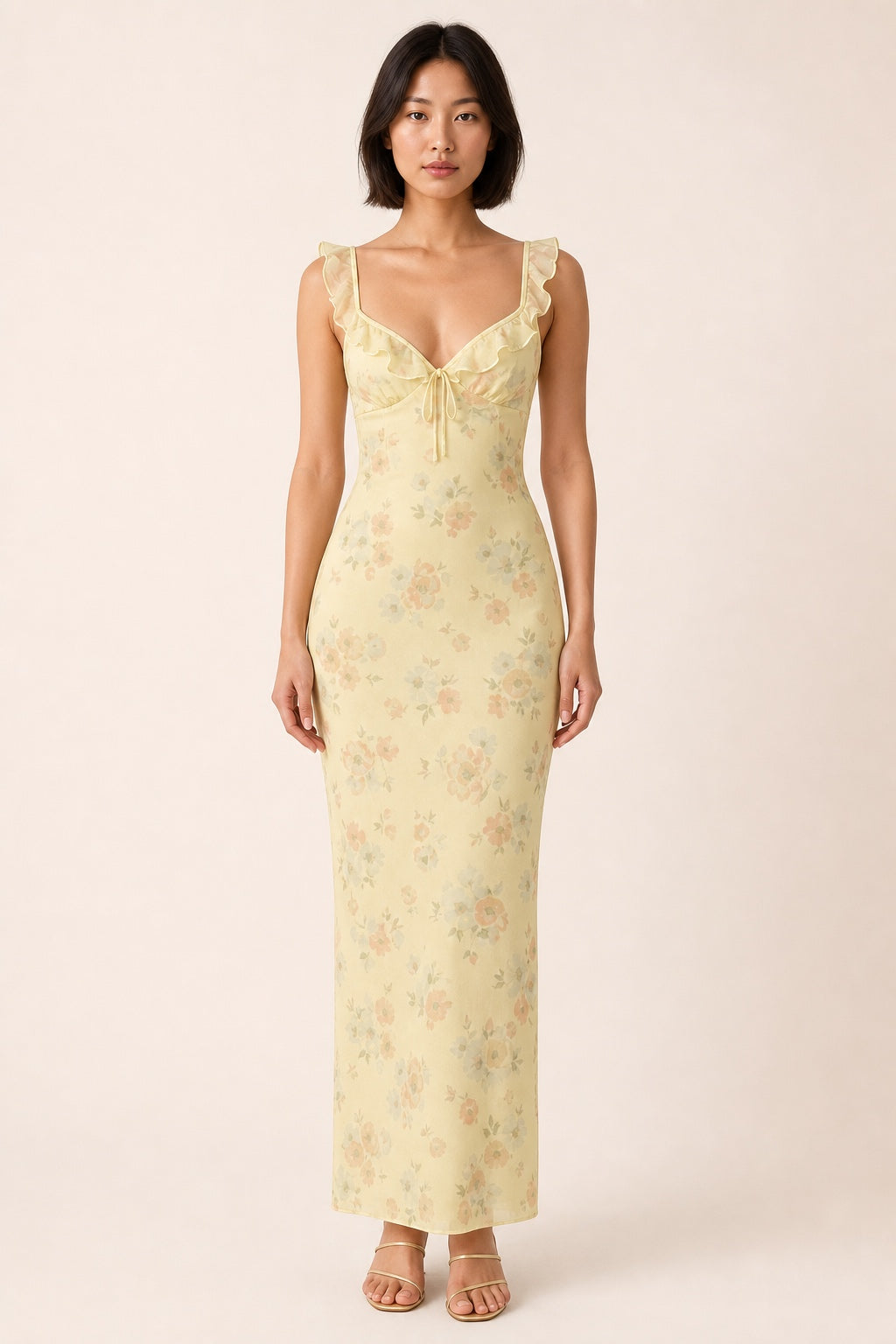 Avery yellow floral ruffle-strap maxi dress - studio front view