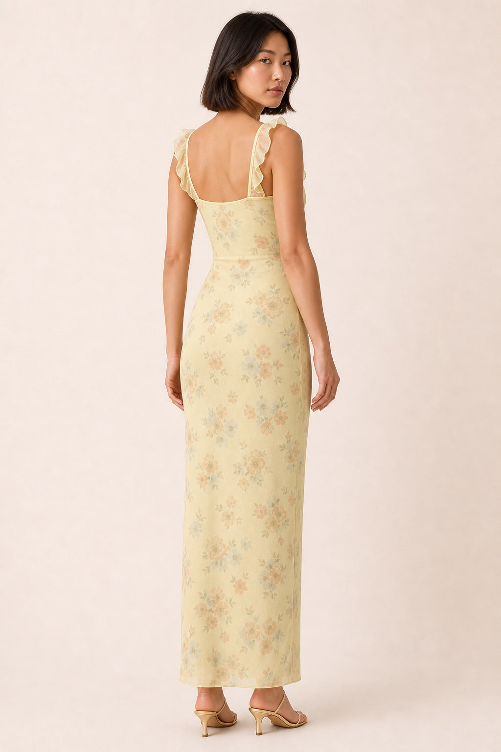 Avery yellow floral ruffle-strap maxi dress - scoop-back view