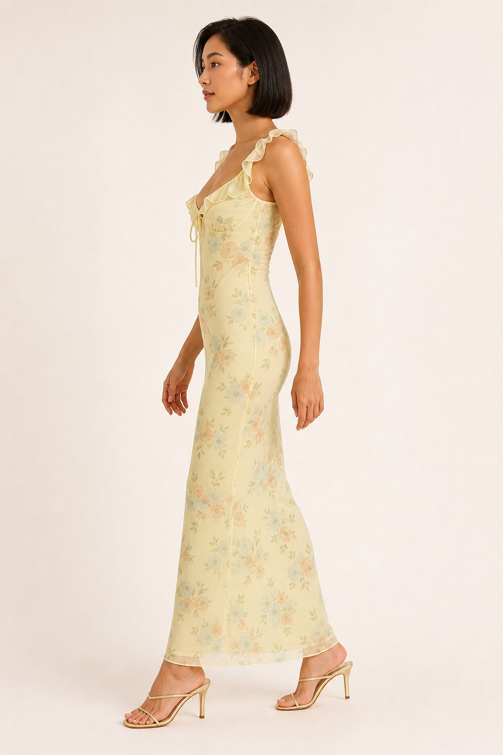 Avery yellow floral ruffle-strap maxi dress - studio side view