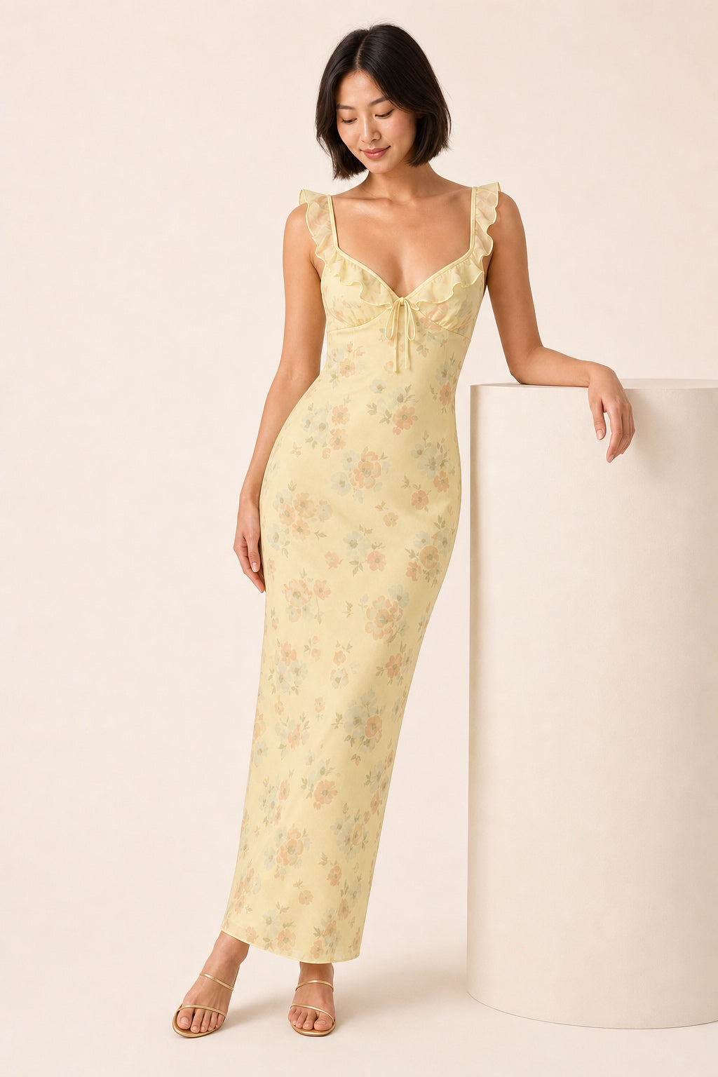 Avery yellow floral ruffle-strap maxi dress - relaxed pedestal view