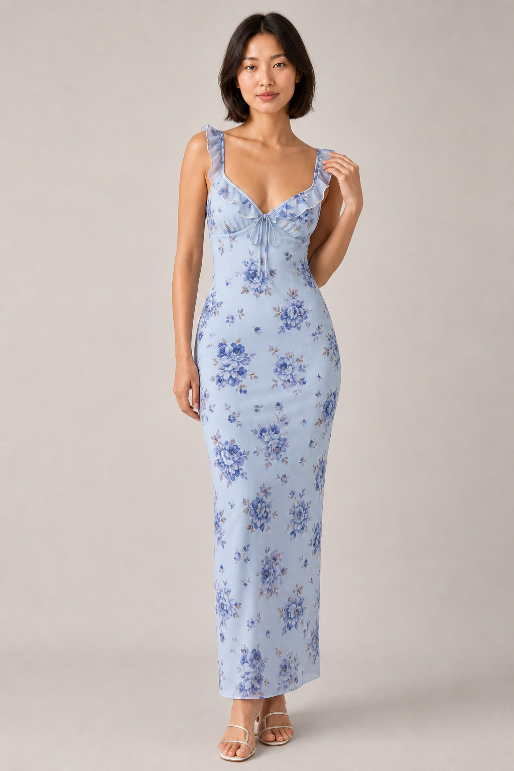 Avery floral ruffle-strap maxi dress in Blue