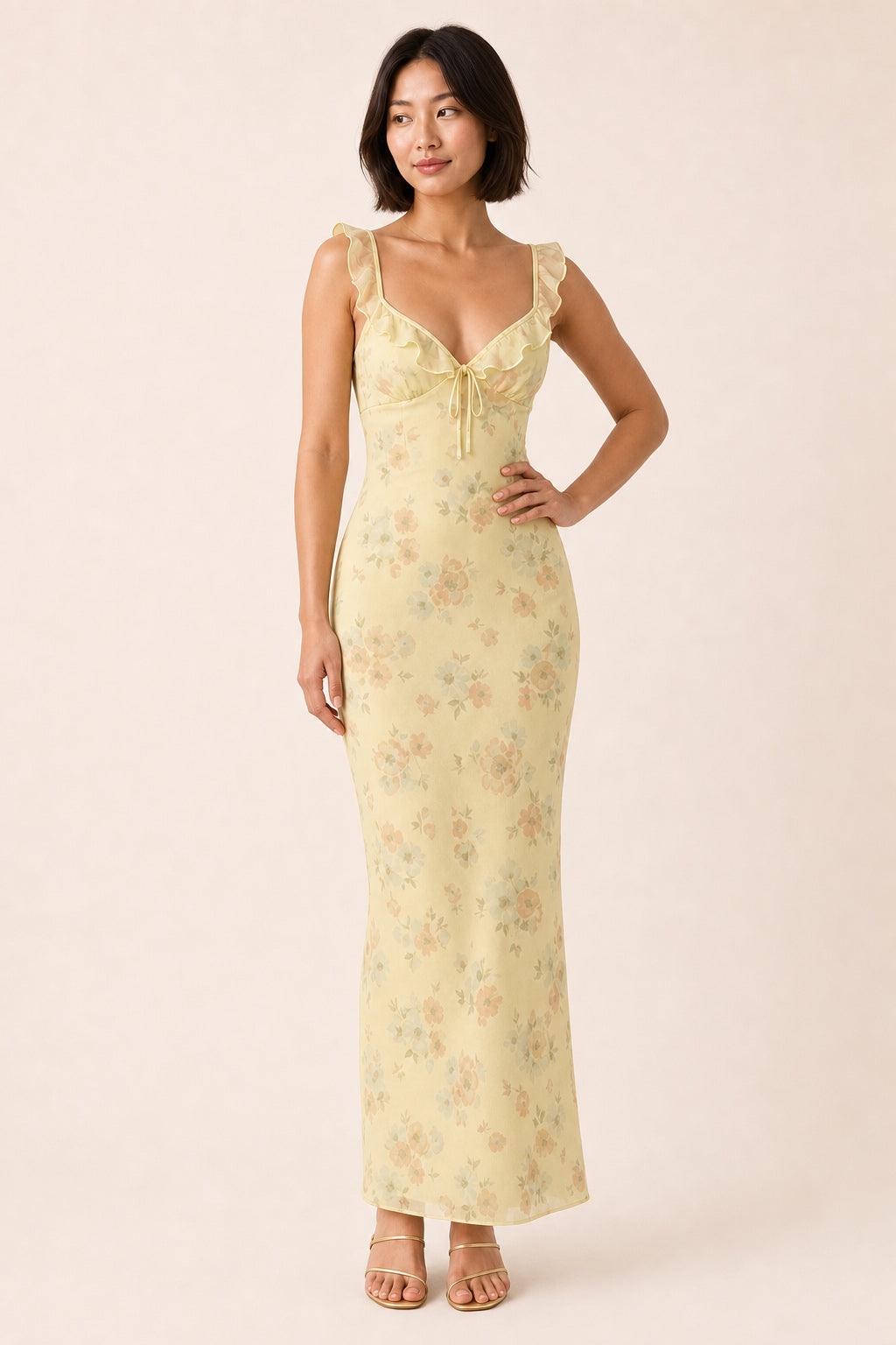 Avery floral ruffle-strap maxi dress in Yellow