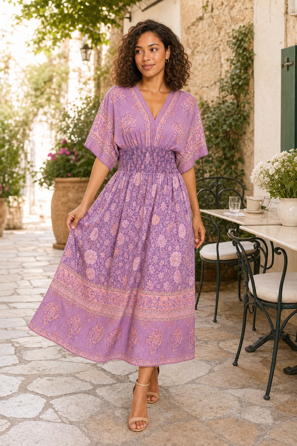 Leah purple floral bohemian swing midi dress - Mediterranean terrace lifestyle