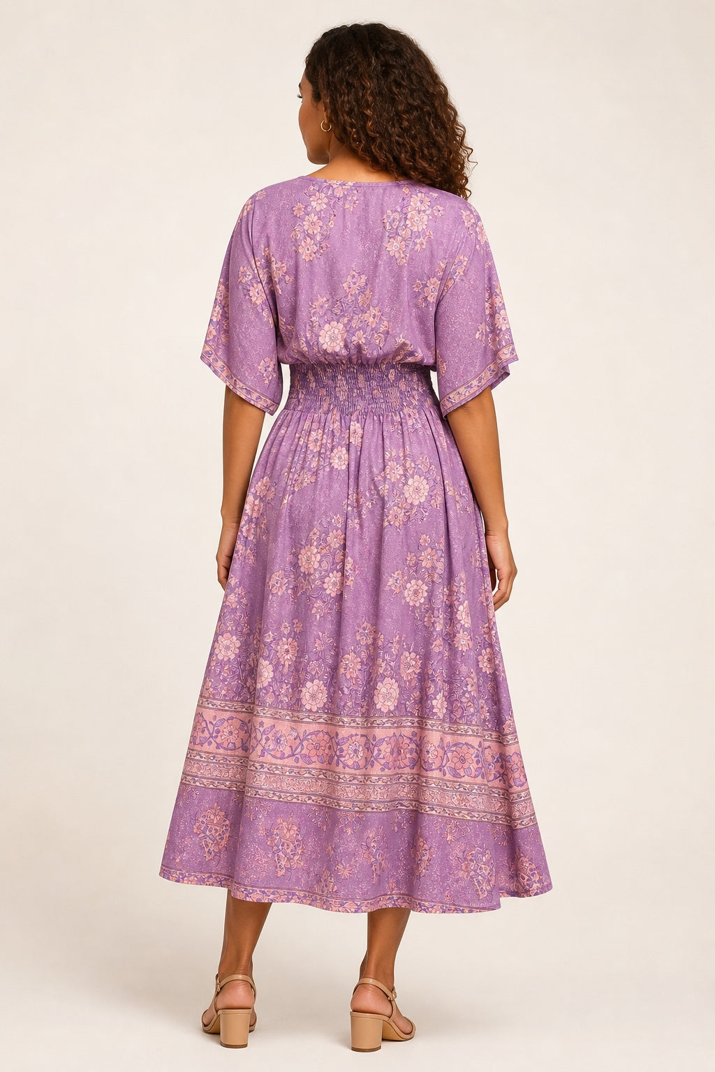 Leah purple floral bohemian swing midi dress - back view