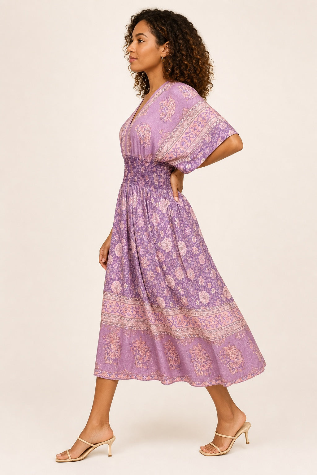 Leah purple floral bohemian swing midi dress - side view