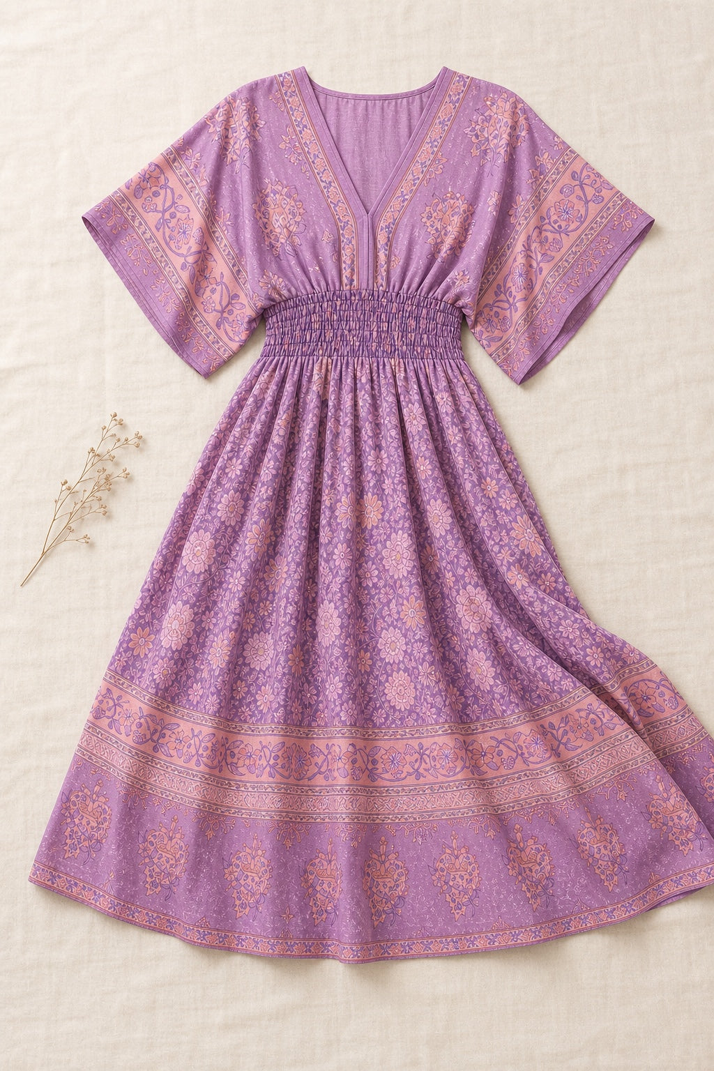 Leah purple floral bohemian swing midi dress - flat-lay detail