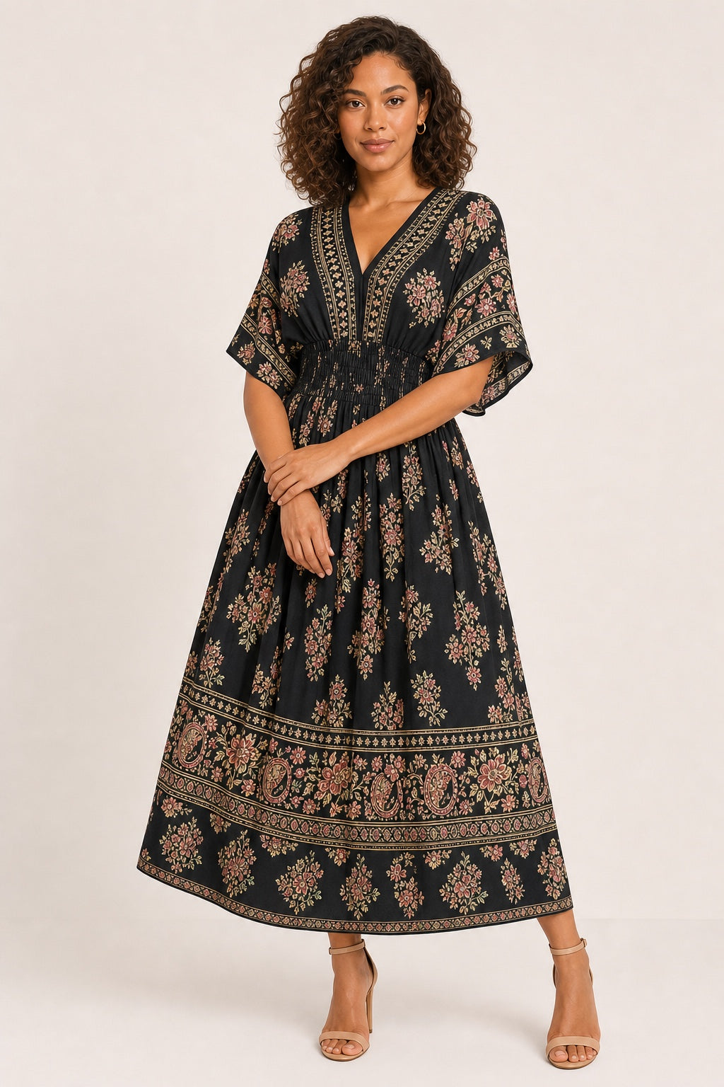 Leah floral bohemian swing midi dress in Black - variant view