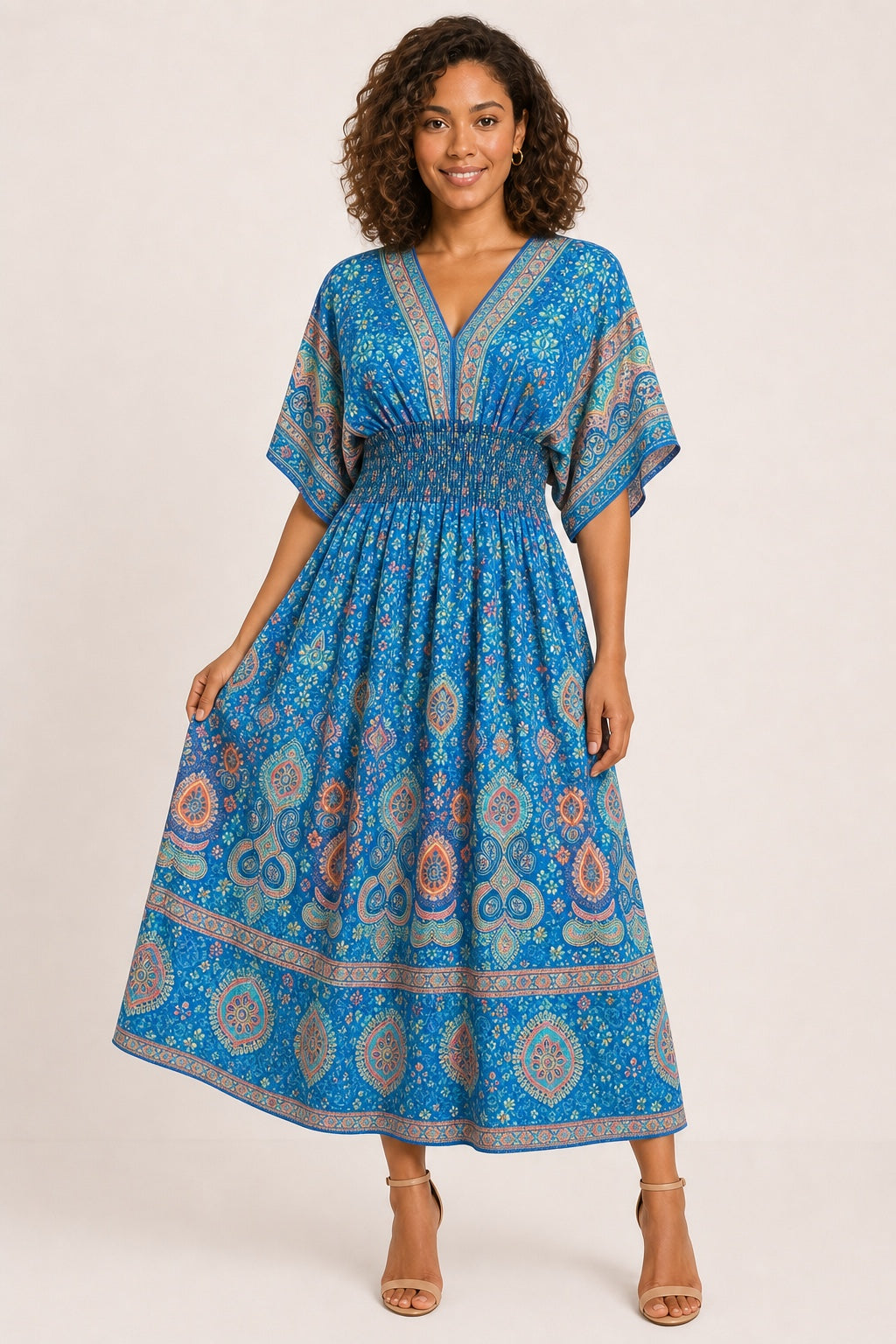 Leah floral bohemian swing midi dress in Blue - variant view