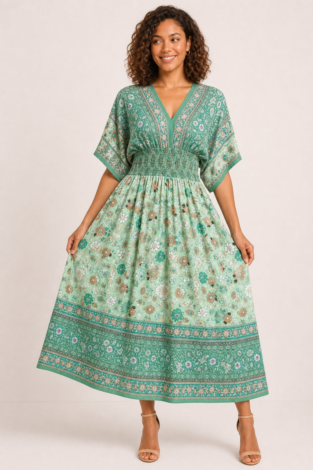Leah floral bohemian swing midi dress in Green - variant view