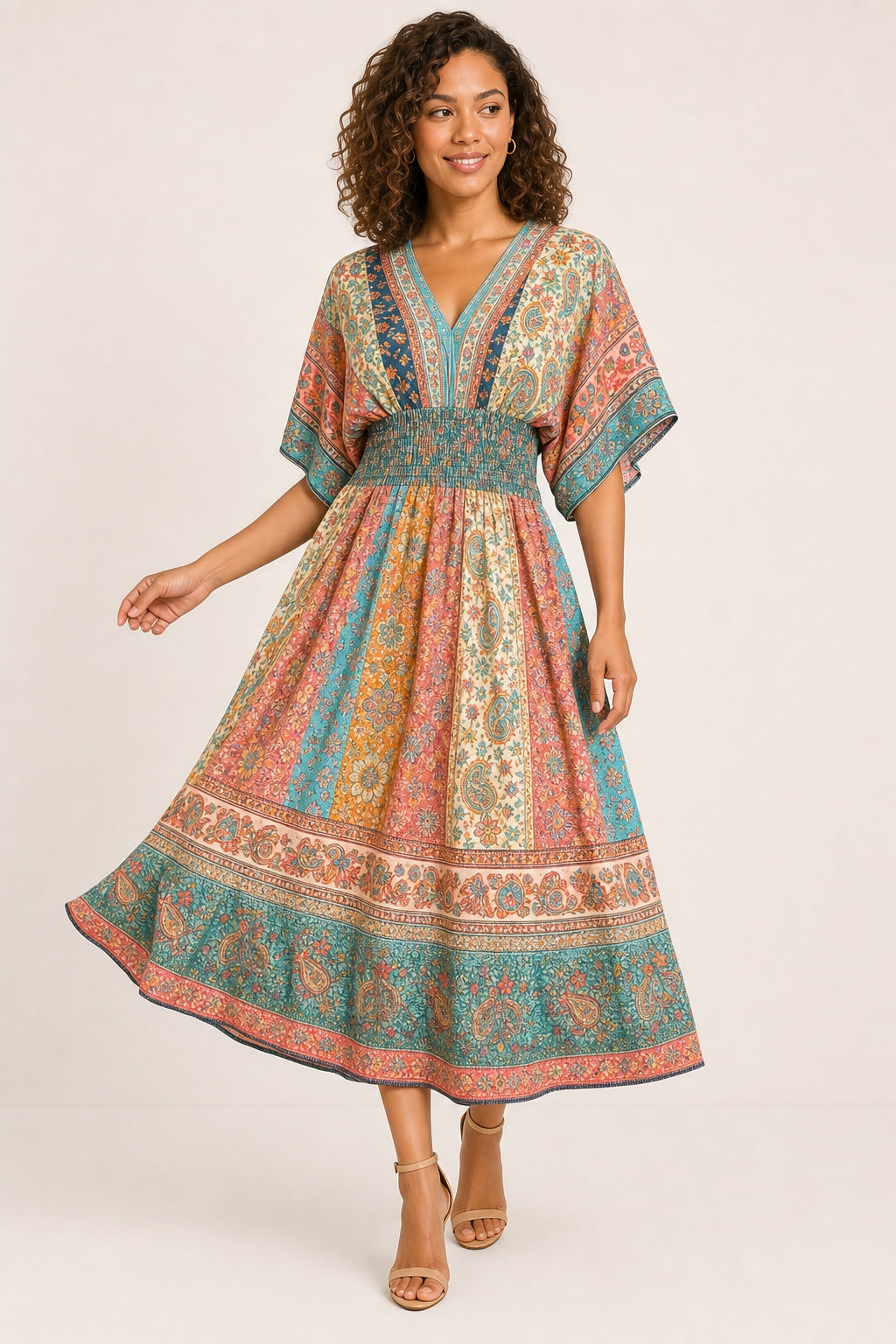 Leah floral bohemian swing midi dress in Multicolor - variant view