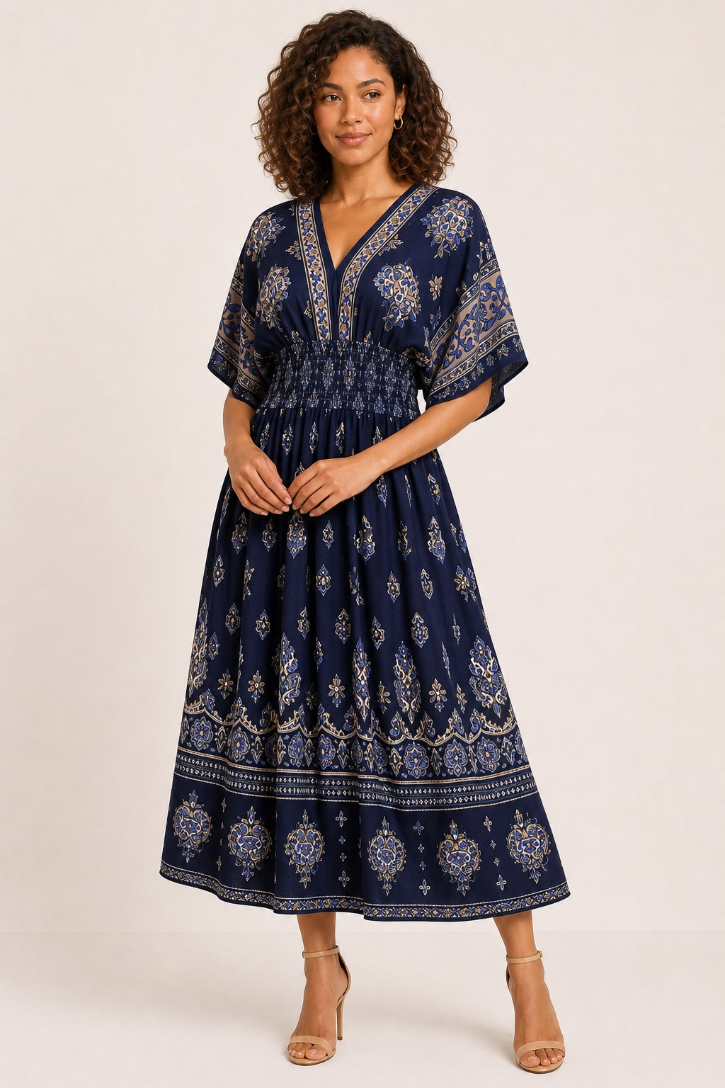 Leah floral bohemian swing midi dress in Navy - variant view