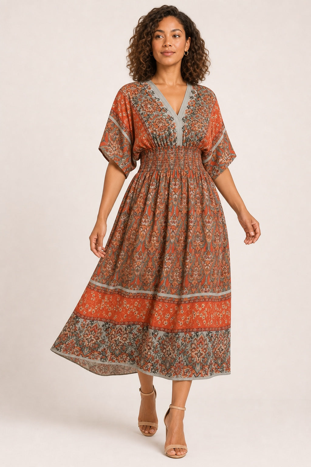 Leah floral bohemian swing midi dress in Orange - variant view