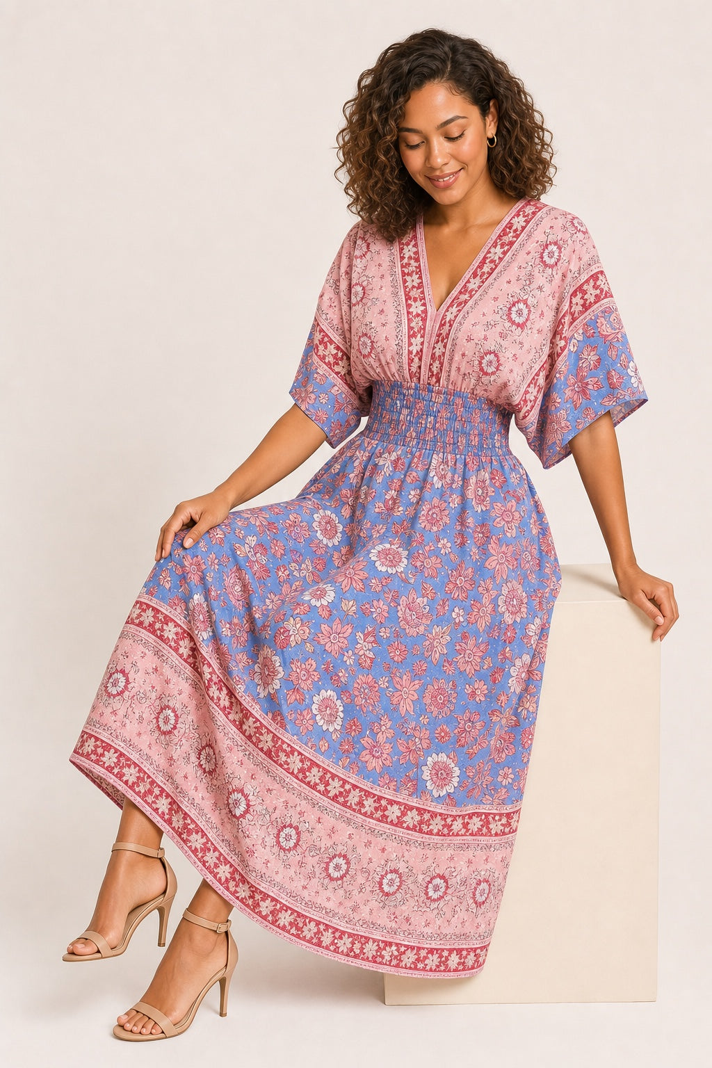 Leah floral bohemian swing midi dress in Pink - variant view