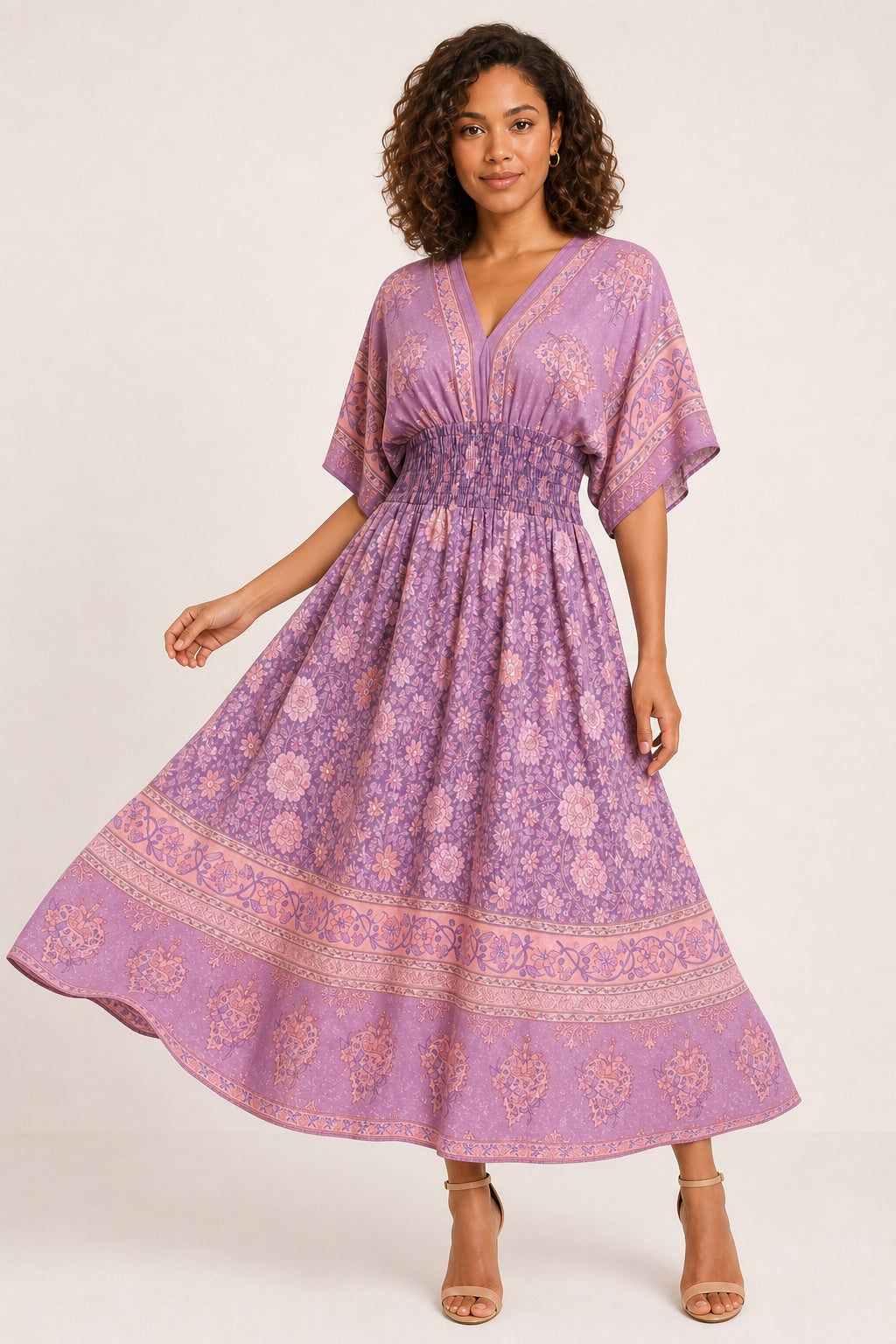 Leah floral bohemian swing midi dress in Purple - variant view