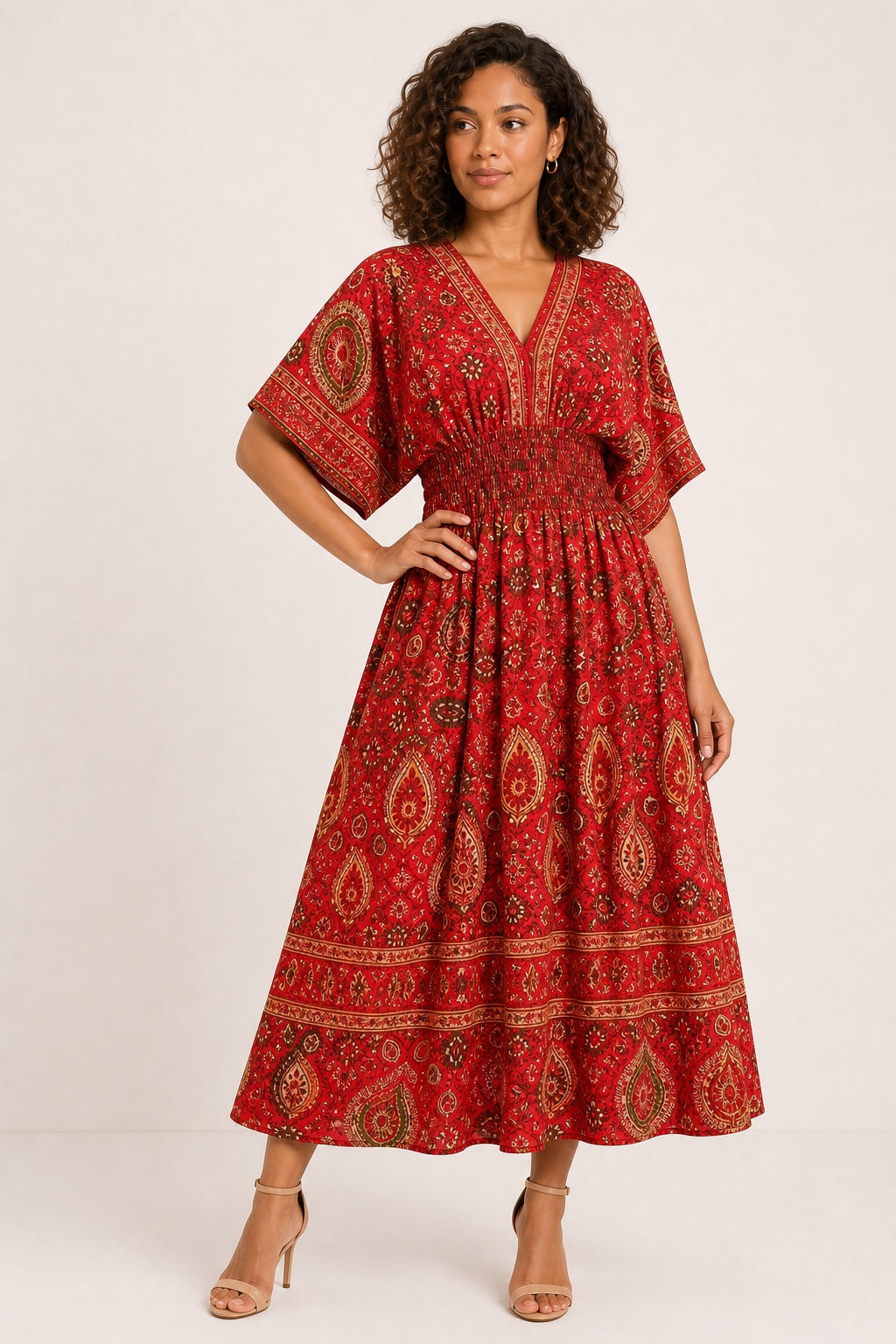 Leah floral bohemian swing midi dress in Red - variant view