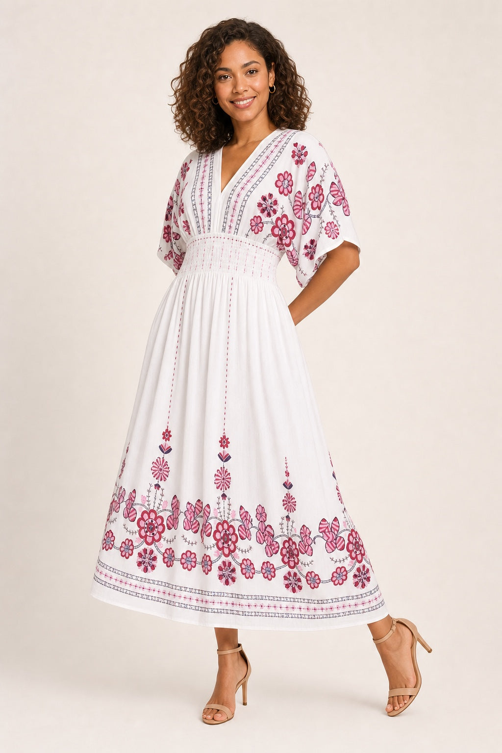 Leah floral bohemian swing midi dress in White - variant view