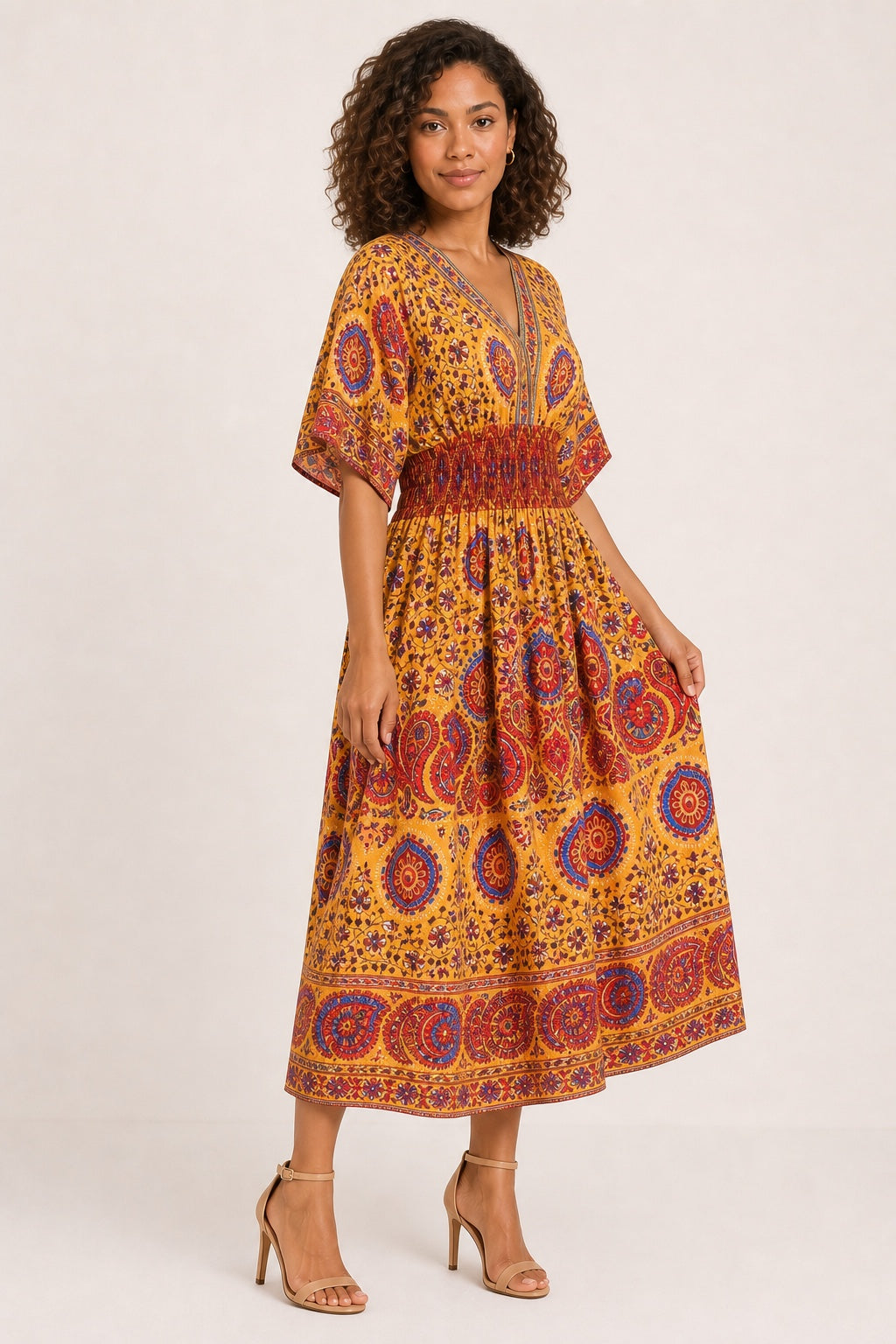 Leah floral bohemian swing midi dress in Yellow - variant view