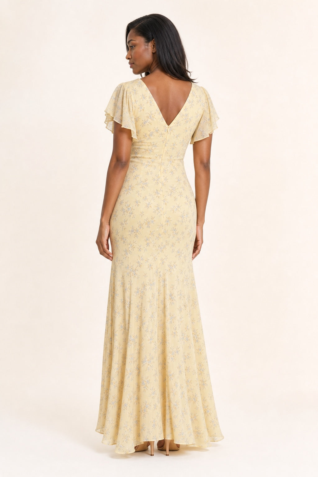 Sarah yellow floral chiffon high-low maxi dress - back view