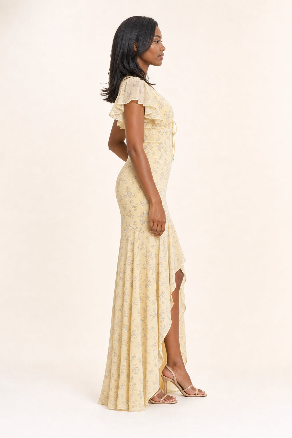 Sarah yellow floral chiffon high-low maxi dress - side view