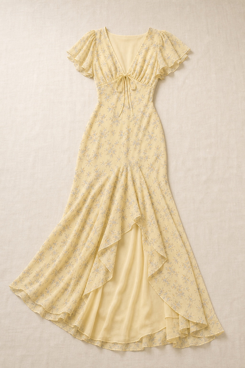 Sarah yellow floral chiffon high-low maxi dress - flat-lay detail