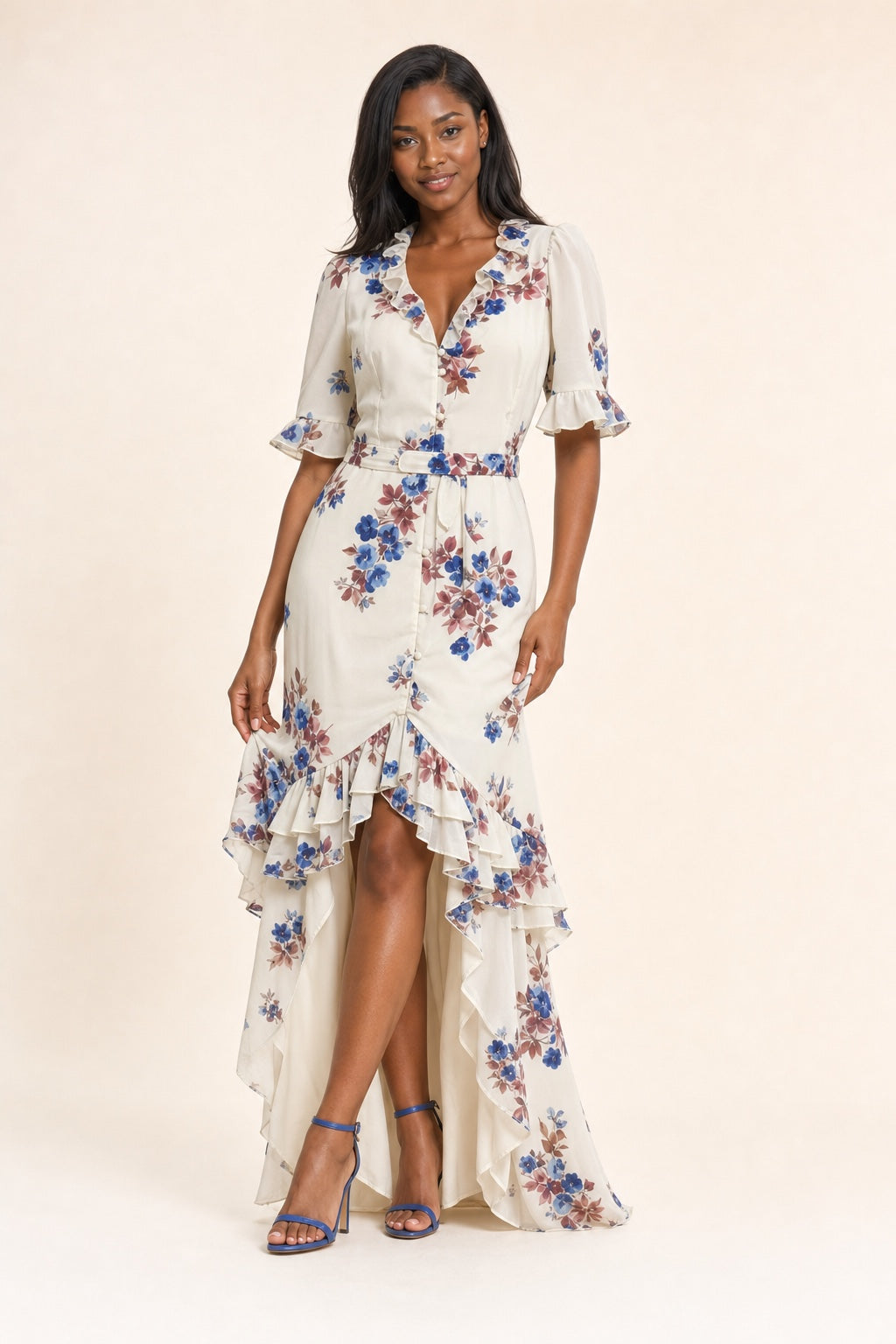 Sarah floral chiffon high-low maxi dress in Blue - variant view