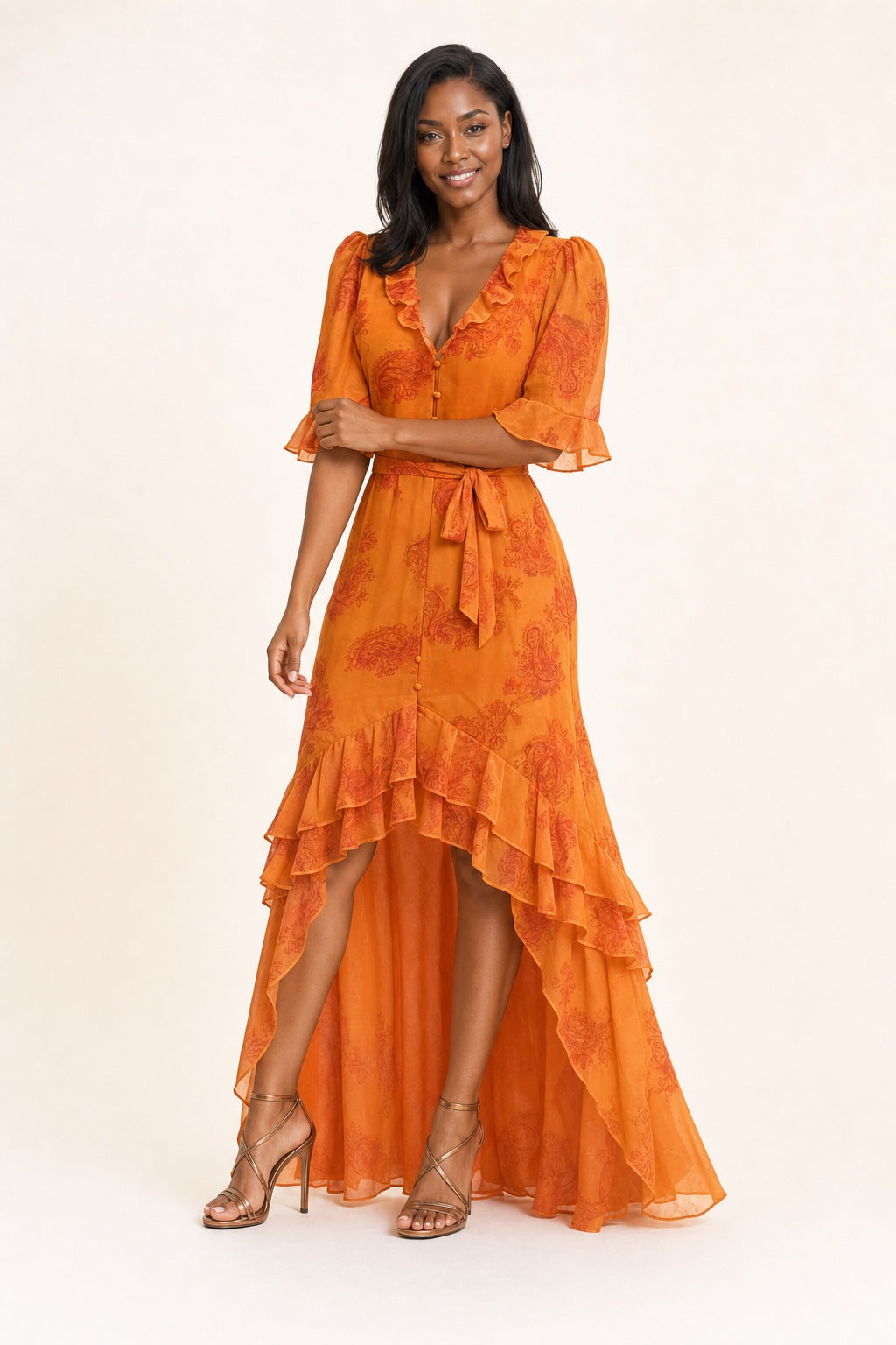 Sarah floral chiffon high-low maxi dress in Orange - variant view