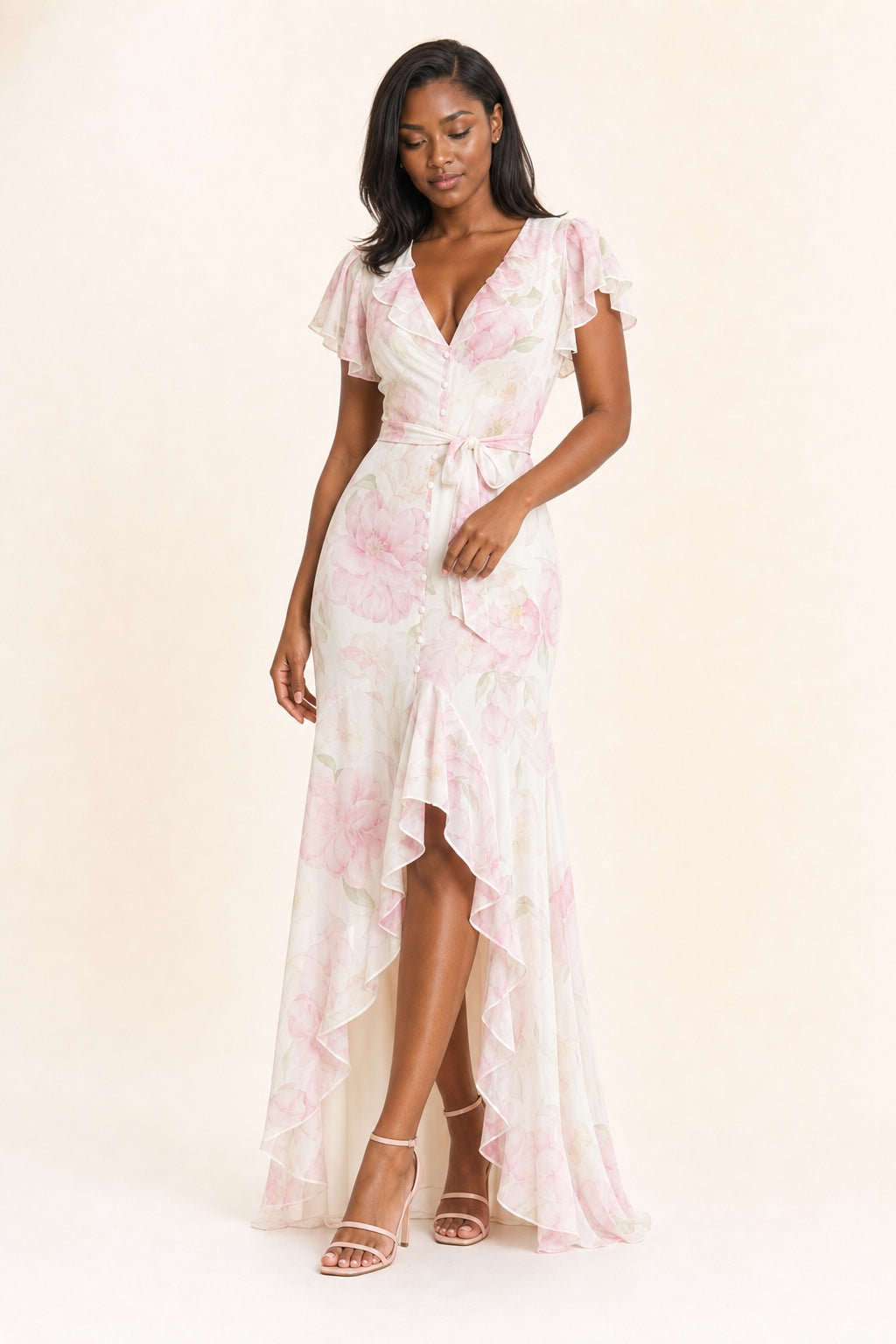 Sarah floral chiffon high-low maxi dress in Pink - variant view