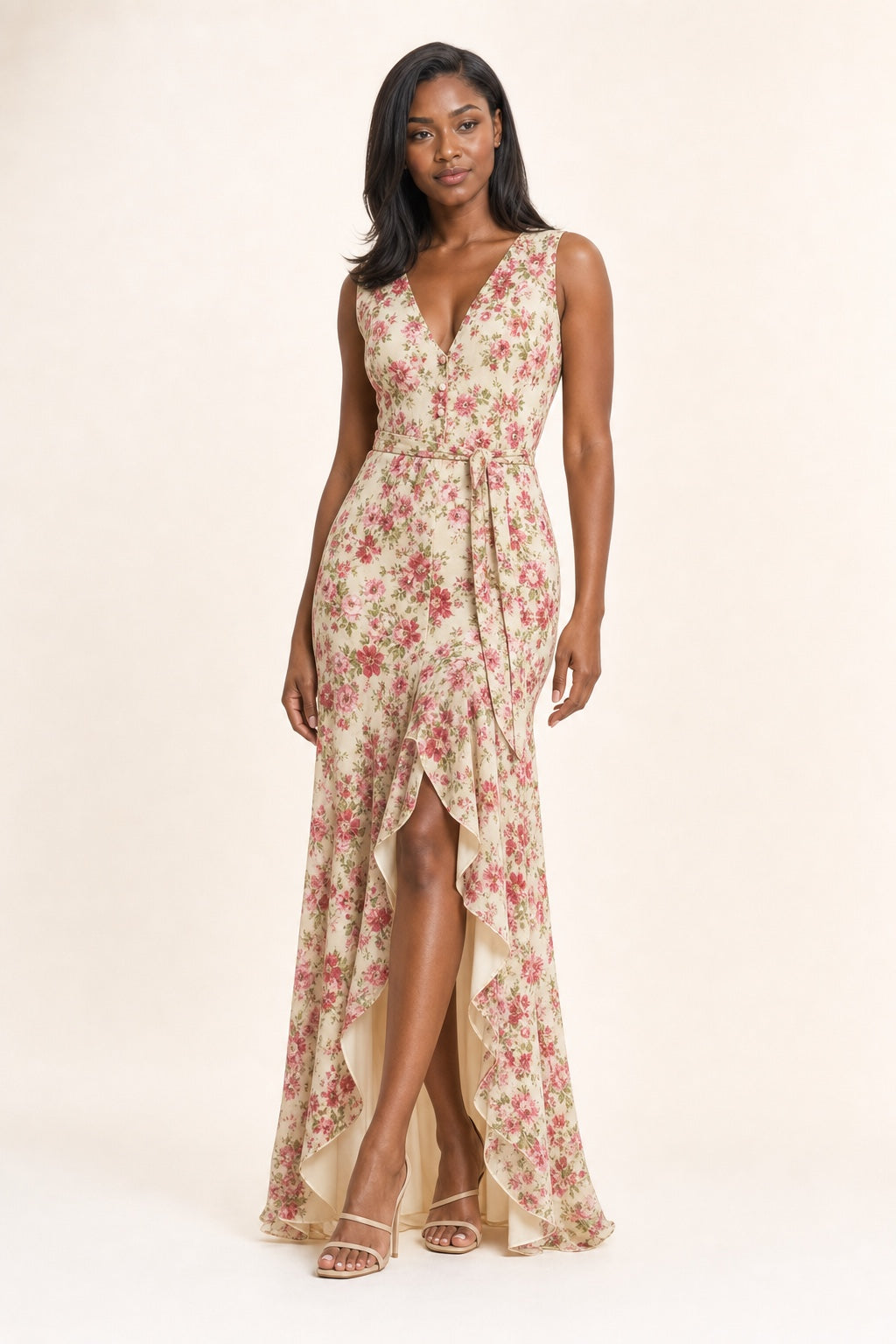 Sarah floral chiffon high-low maxi dress in Red - variant view