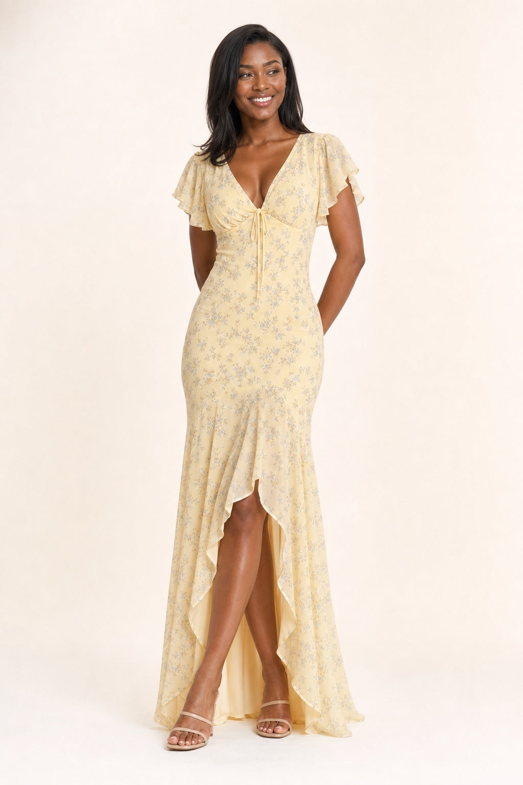 Sarah floral chiffon high-low maxi dress in Yellow - variant view
