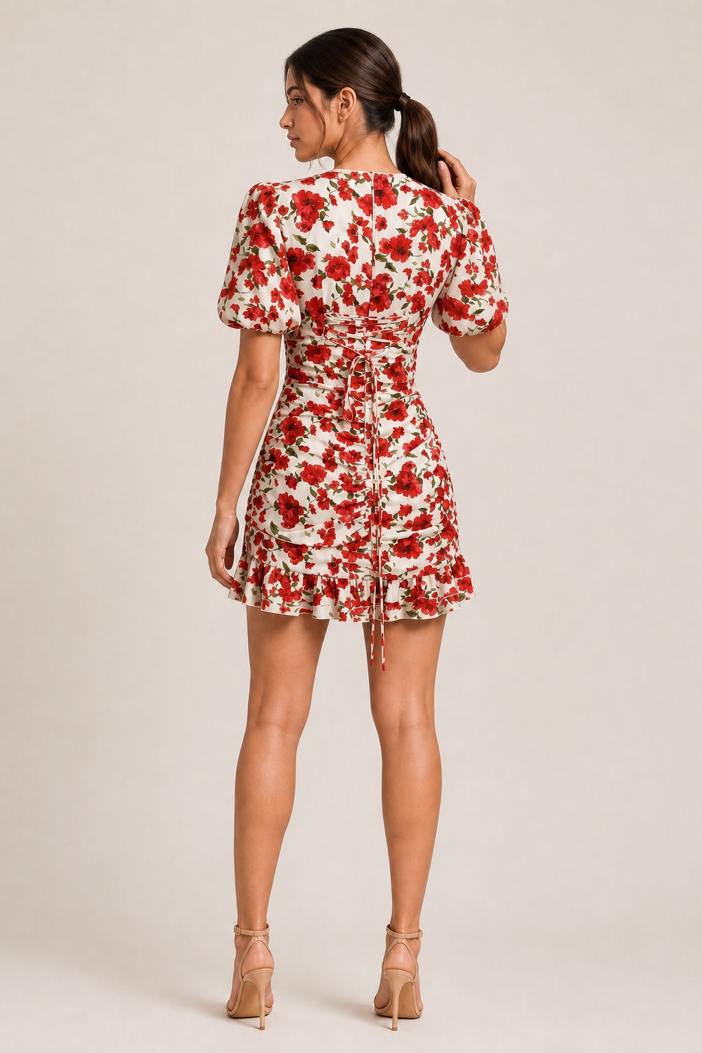 Hazel ivory red-rose ruched mini dress - corset-lace back view