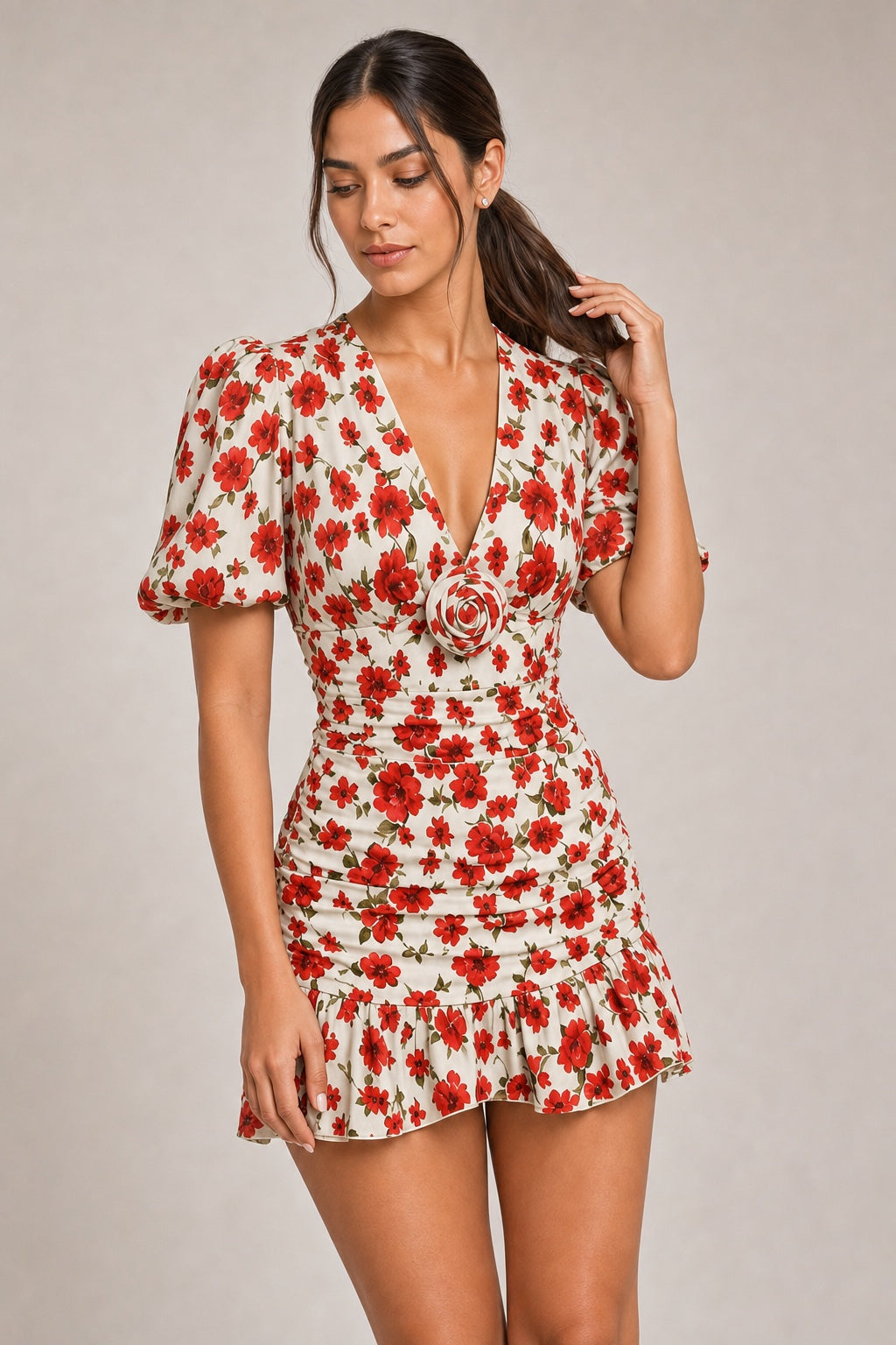 Hazel ivory red-rose ruched mini dress - 3D rosette and ruching detail