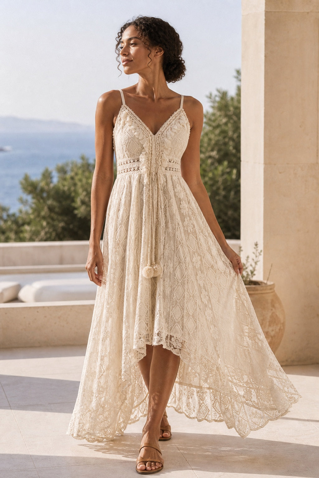 Claire beige lace V-neck beach maxi dress - coastal terrace lifestyle