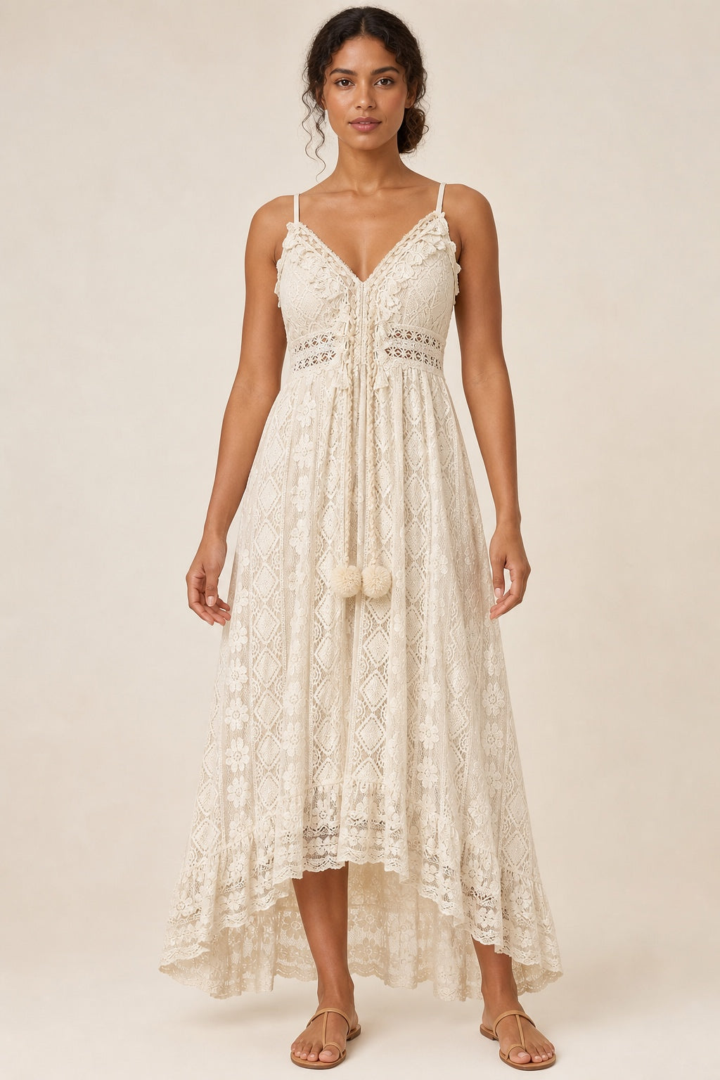 Claire beige lace V-neck beach maxi dress - studio front view
