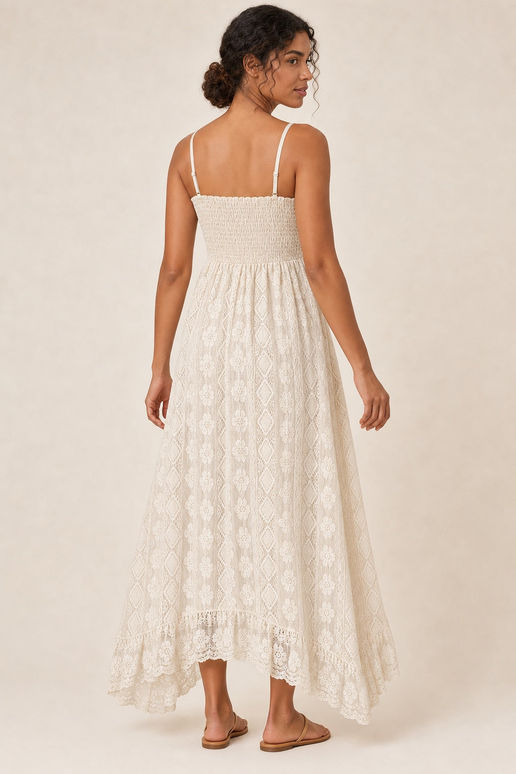 Claire beige lace V-neck beach maxi dress - smocked back view