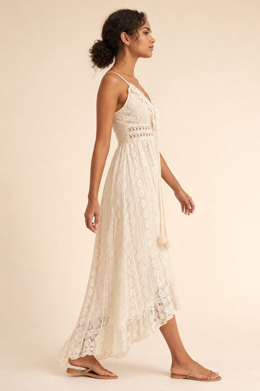 Claire beige lace V-neck beach maxi dress - studio side view
