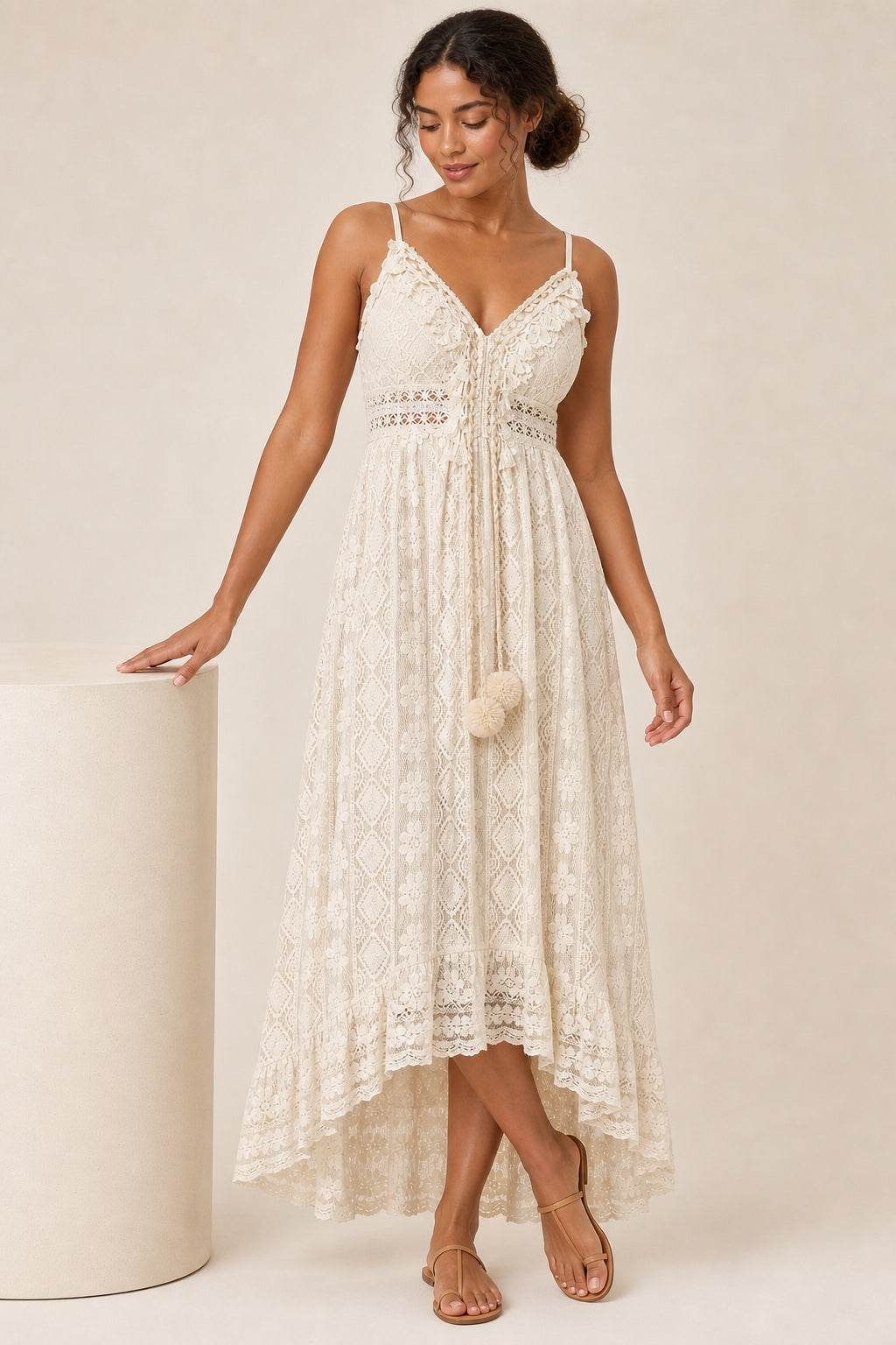 Claire beige lace V-neck beach maxi dress - relaxed pedestal view