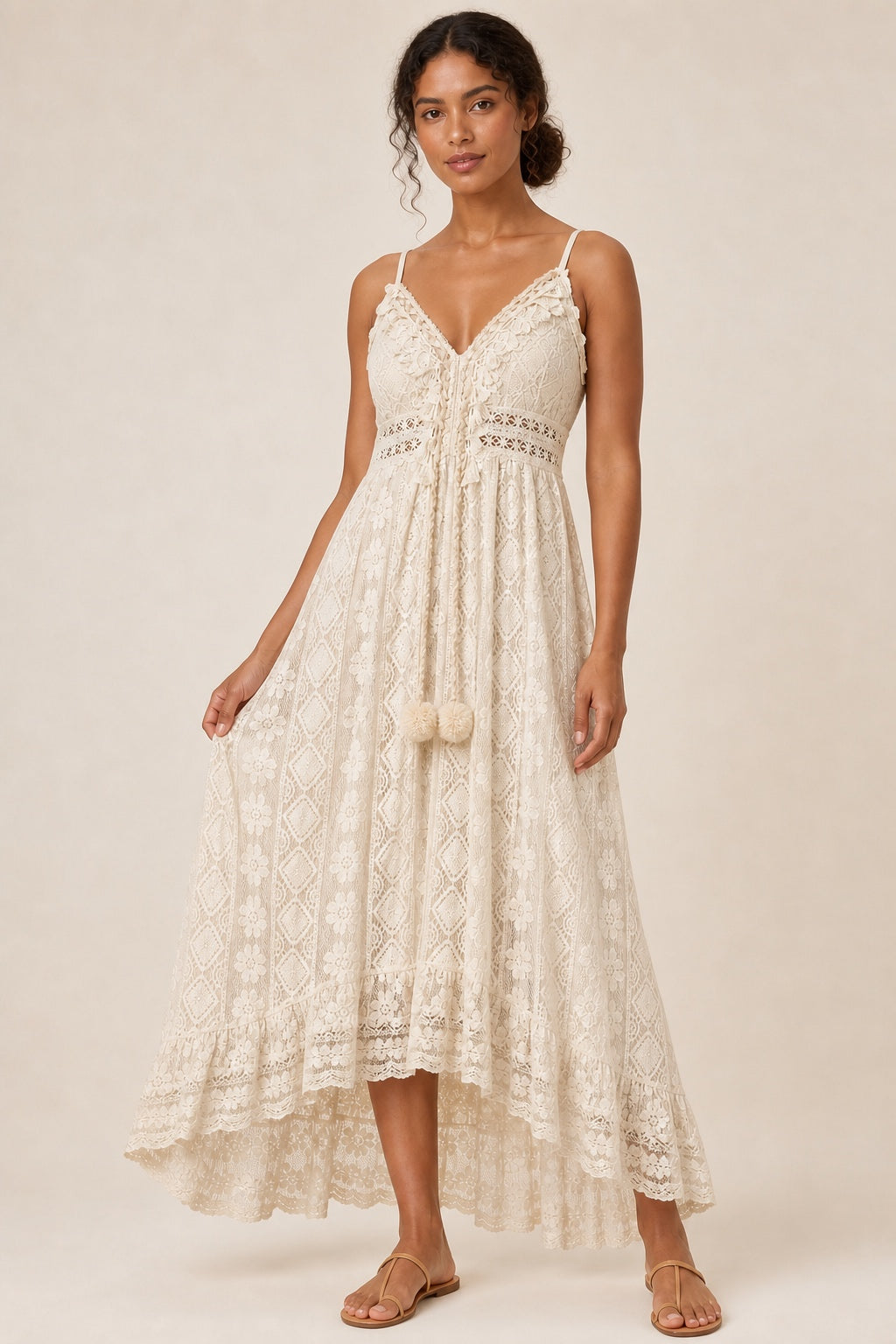 Claire lace V-neck beach maxi dress in Beige