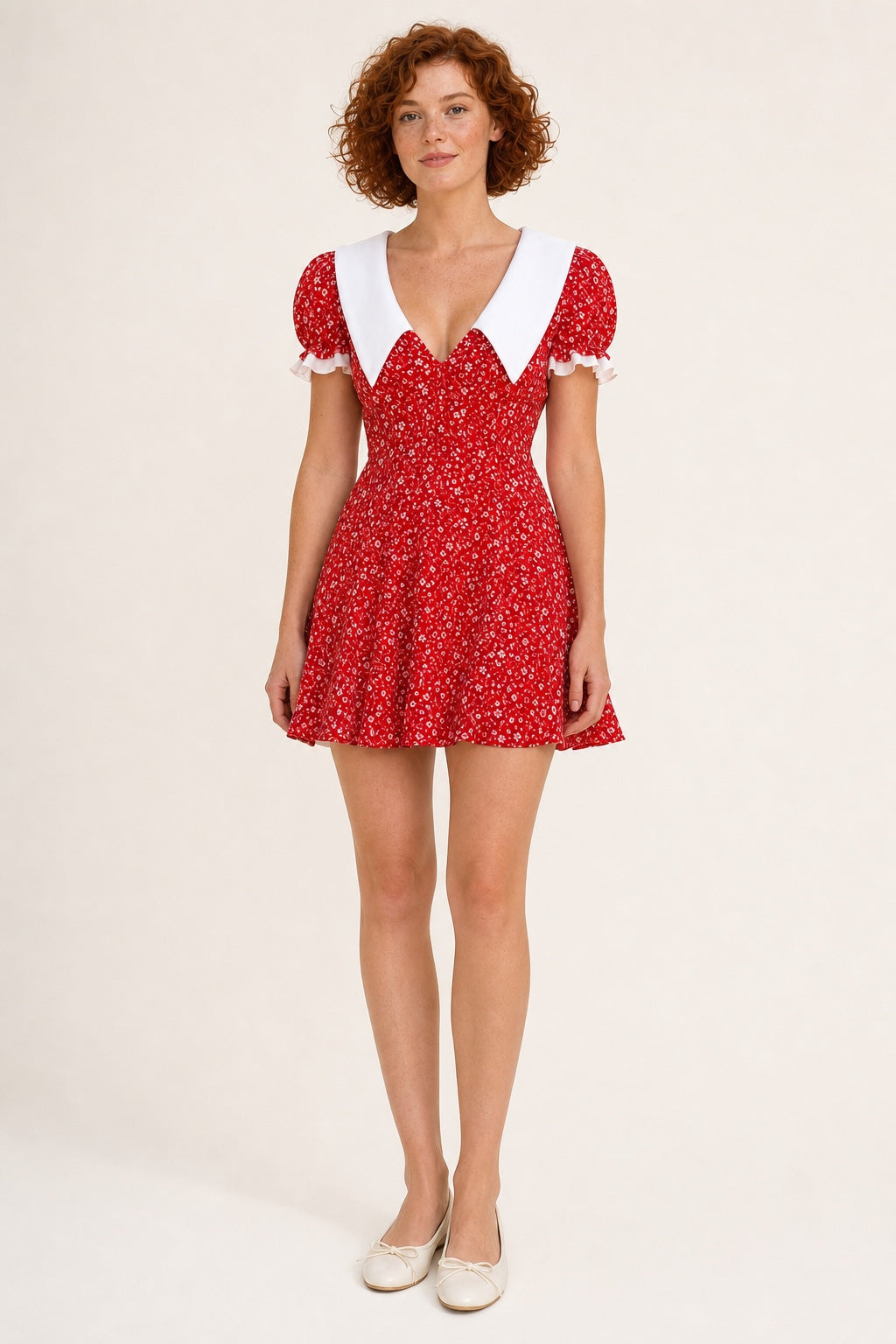 Lily red floral puff-sleeve mini dress - studio front view