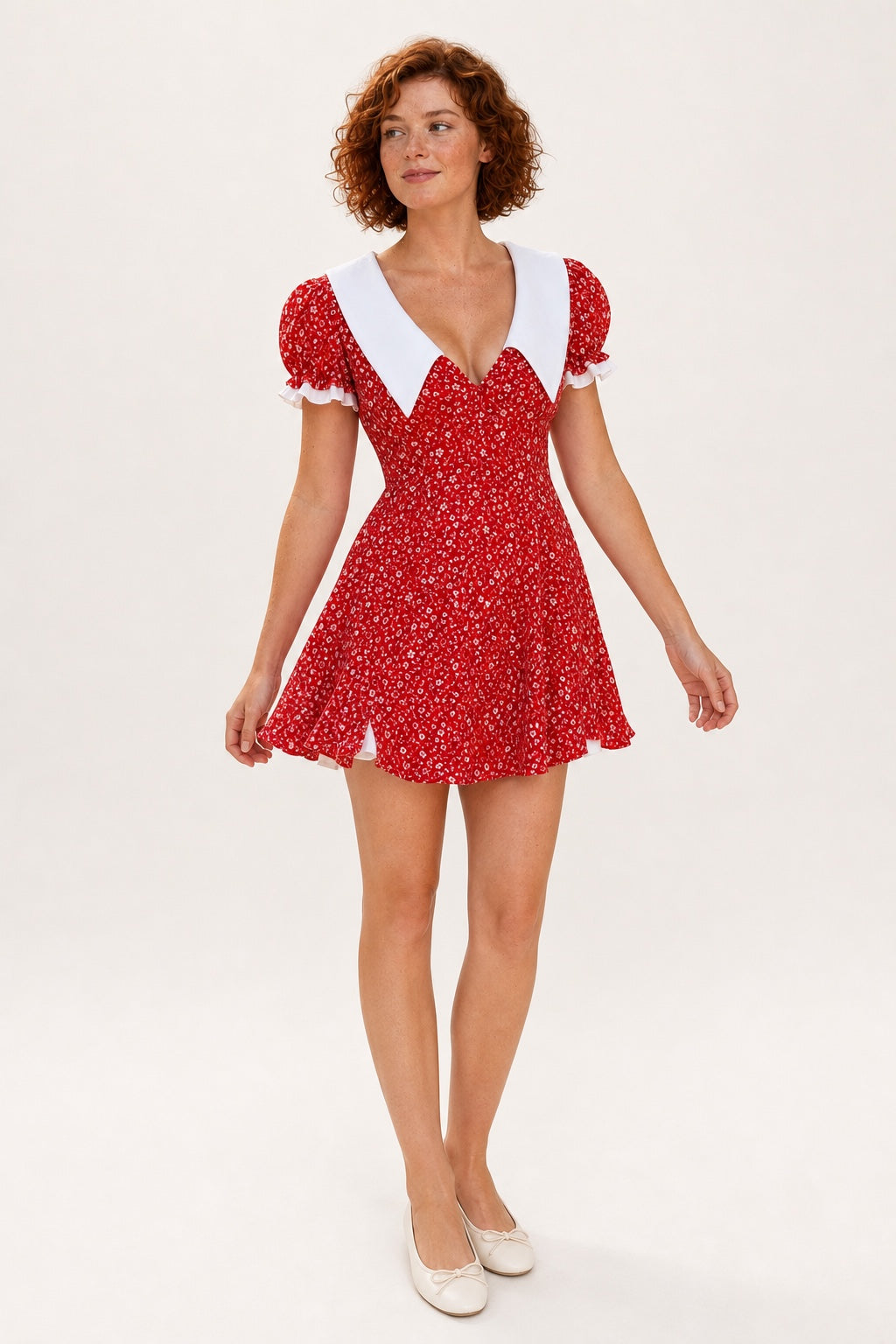 Lily red floral puff-sleeve mini dress - collar and bodice detail