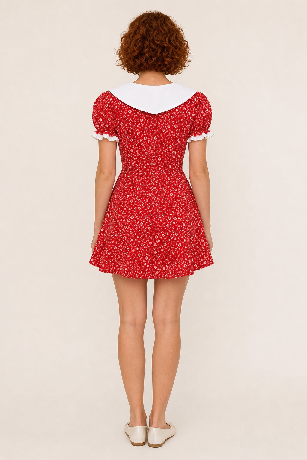 Lily red floral puff-sleeve mini dress - back view