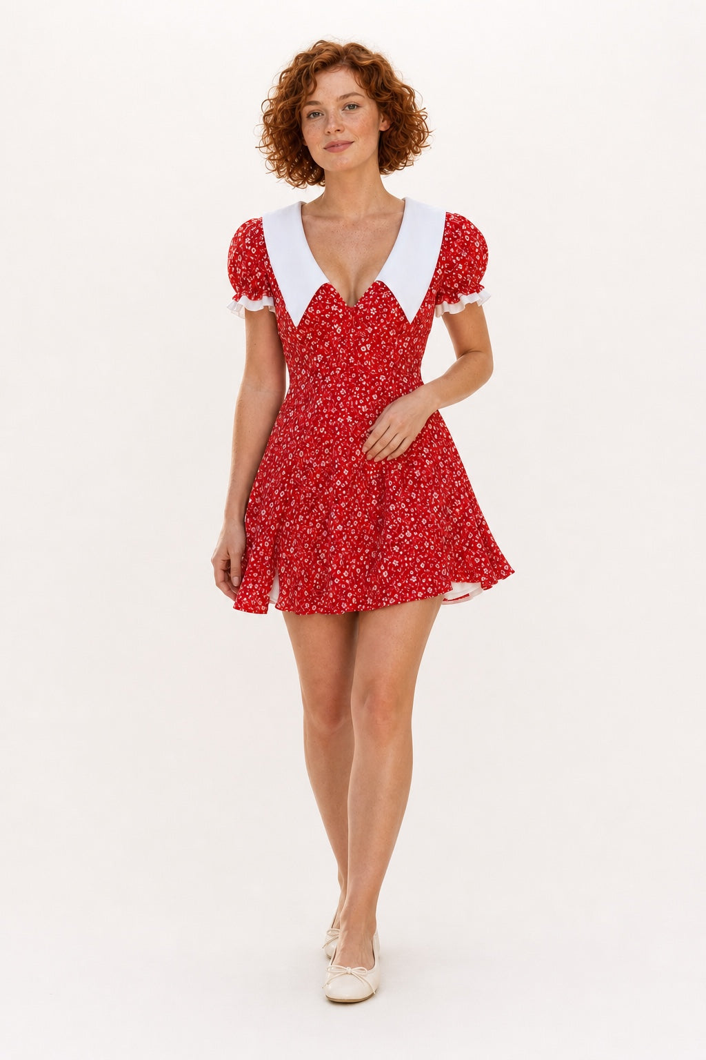 Lily floral puff-sleeve mini dress in red - front view