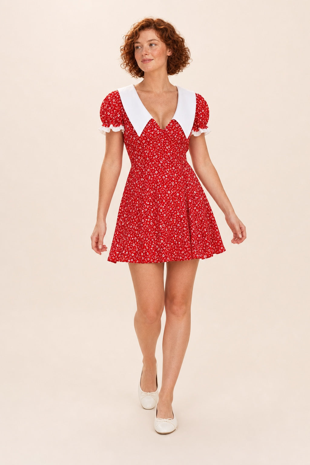 Lily floral puff-sleeve mini dress in red - collar and floral detail