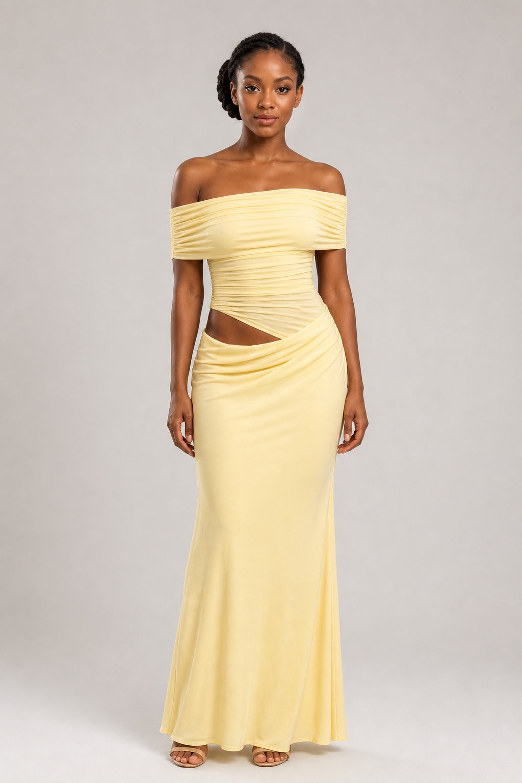 Ivy pale yellow ruched asymmetric maxi dress - studio front view