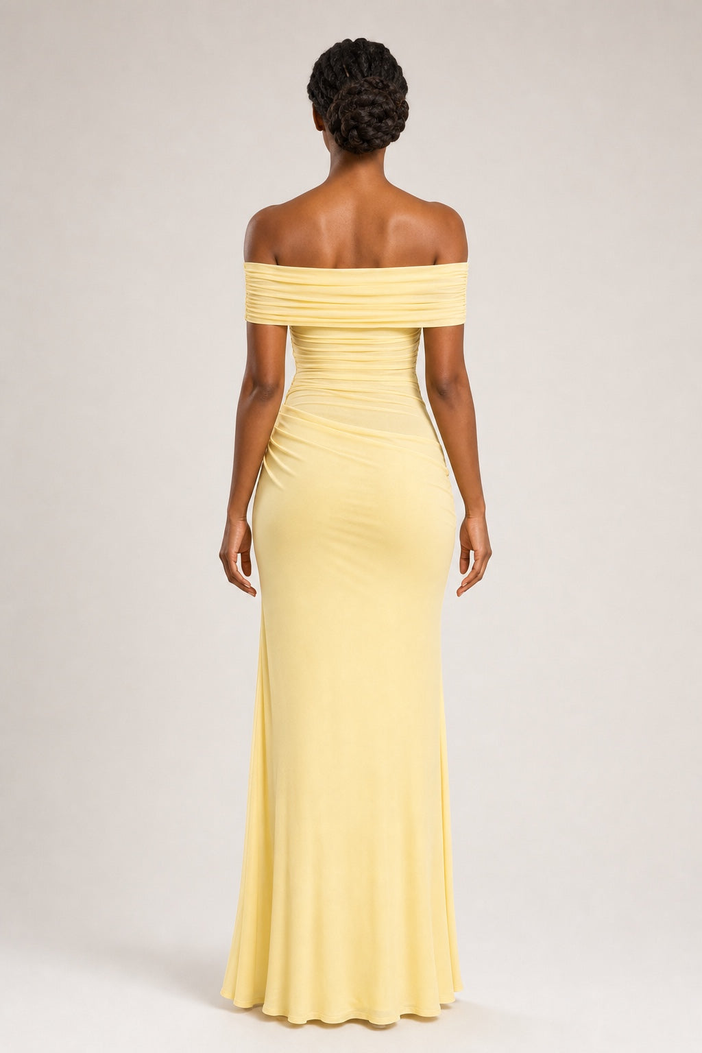Ivy pale yellow ruched asymmetric maxi dress - studio back view
