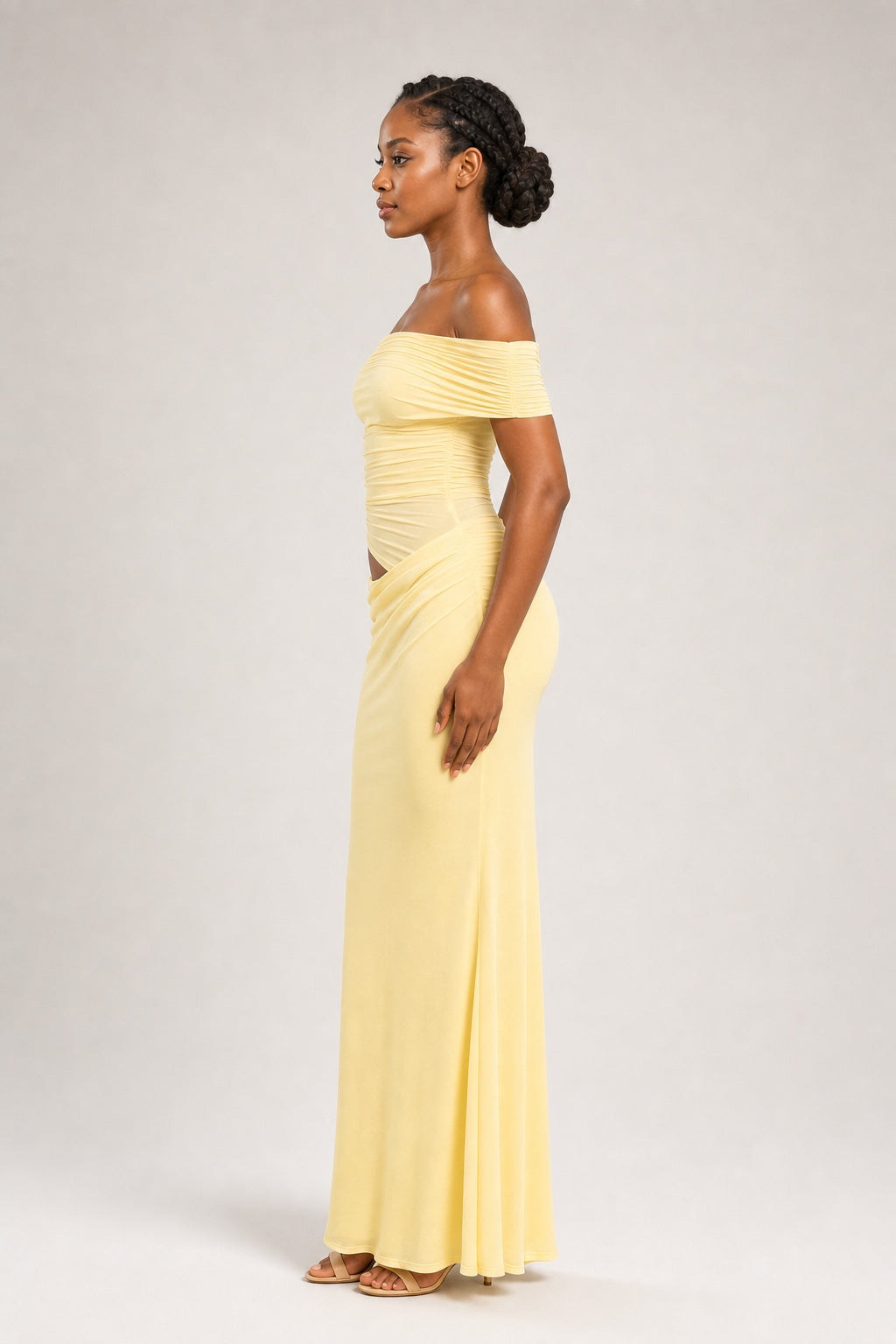 Ivy pale yellow ruched asymmetric maxi dress - studio side view